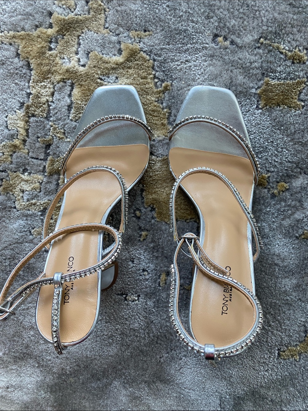 Tony Bianco Silver Rhinestone Strap Flared Heels. N W O T, no orig. box.